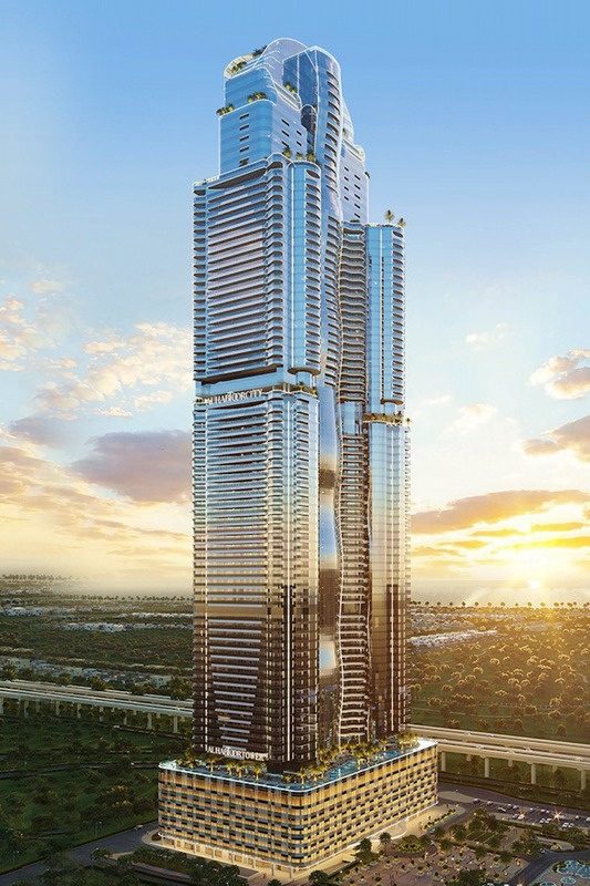 Luxury Dubai high-rise tower at sunset